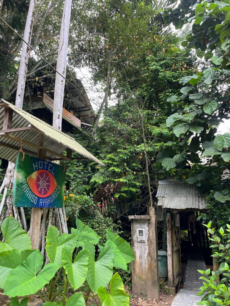 Entrada al Hotel Paraíso Ayahuasca, con un cartel colorido bajo un pequeño techo de zinc que muestra el nombre del hotel y un sol simbólico. Al fondo, se observa una construcción de madera de varios niveles integrada en la selva, rodeada de árboles altos, palmeras y plantas de hojas anchas.