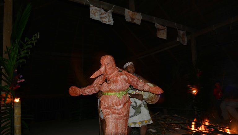 Fotografía nocturna en el interior de una maloca donde una persona realiza una danza ritual. Viste un traje completo de corteza de árbol de color ocre y una máscara con una nariz larga y puntiaguda que asemeja a un delfin rosado. Al fondo, una mujer indígena toca un tambor artesanal cerca de una hoguera que ilumina la escena. Del techo cuelgan dibujos ceremoniales en pequeñas pancartas de tela.