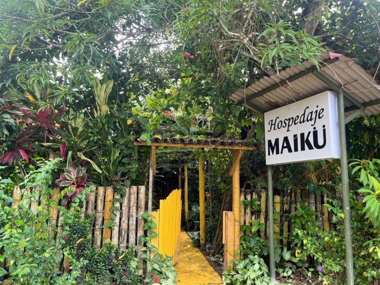 Fachada natural del Hospedaje Maikú en Puerto Nariño. La imagen muestra el acceso principal al alojamiento, destacado por su arquitectura rústica con materiales locales y jardines selváticos exuberantes.