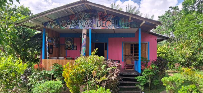 La imagen muestra una cabaña de madera de un solo nivel con un diseño artístico y colorido. La fachada combina paneles de color rosa intenso con columnas y marcos en azul eléctrico. Sobre la entrada principal, un gran letrero reza "CABAÑAS DECHI", decorado con ilustraciones detalladas de peces (pirarucú). El porche cuenta con decoraciones artísticas en las paredes y está rodeado por un jardín denso y bien cuidado con plantas tropicales bajo un cielo parcialmente nublado.