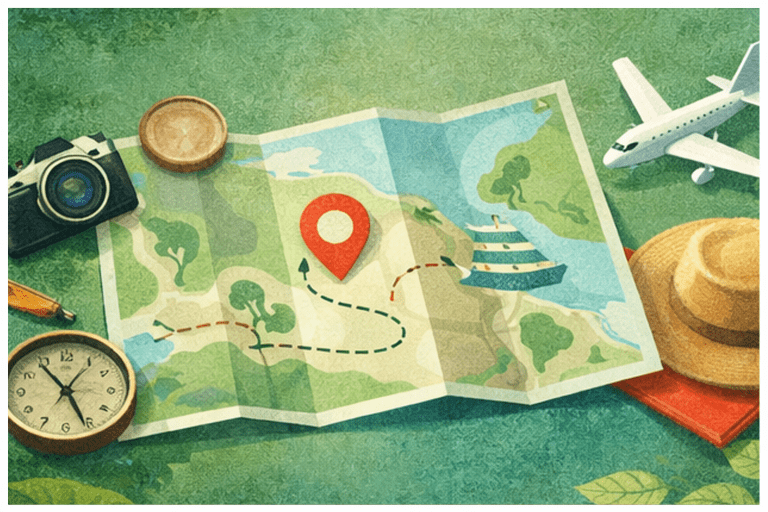Ilustración de estilo texturizado sobre un fondo verde que muestra un mapa desplegado con una ruta marcada por puntos y un pin de ubicación rojo. Alrededor del mapa se encuentran objetos de viaje: una cámara fotográfica vintage, un reloj de bolsillo, un sombrero de paja, un avión blanco y un barco pequeño.