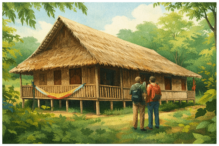 Ilustración con estilo de pintura de dos viajeros con mochilas observando una maloca o casa tradicional de madera y techo de paja. La vivienda está elevada sobre pilotes y rodeada de una selva verde y frondosa bajo un cielo claro con nubes suaves.