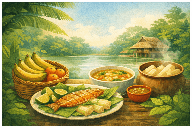 Ilustración de un festín tradicional amazónico servido en una mesa de madera frente a un río. Incluye un plato con pescado frito, limones y envueltos sobre hojas de plátano, un tazón de sopa de granos, una cesta con bananos y naranjas, y una olla de yucas humeantes. Al fondo, se ve una maloca a la orilla del agua."