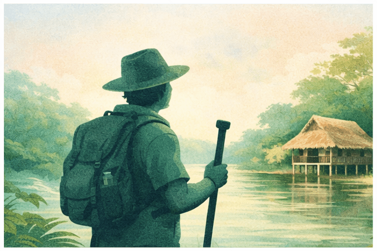 Representación artística de un guía local liderando una expedición en la selva. La imagen destaca el papel del conocimiento local y la orientación en el ecoturismo, rodeado de un entorno selvático exuberante y vibrante.