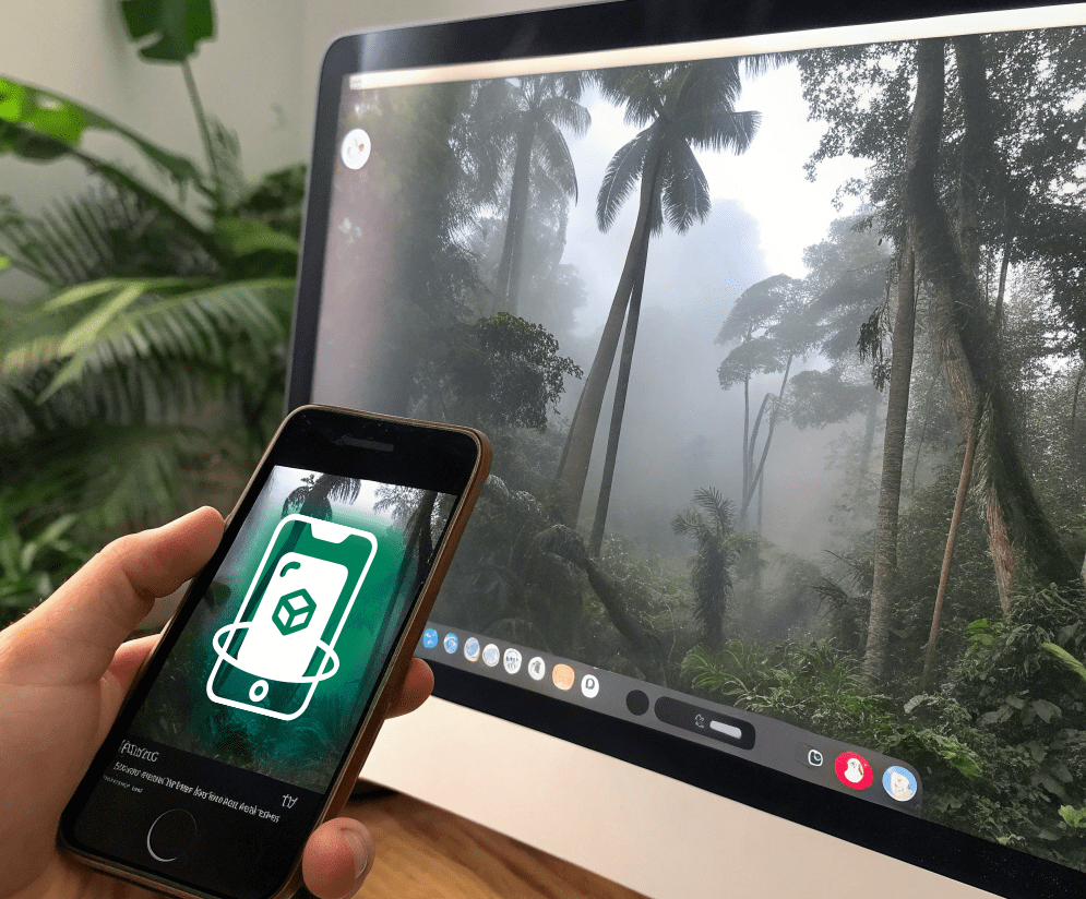 Mano sosteniendo un celular con un icono de realidad aumentada, frente a un monitor de computadora, escaneando la imagen que se muestra en l apantalla de un paisaje de selva con niebla.